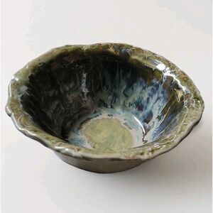 Hand Thrown Blue Drip Glaze Studio Art Pottery Ruffled Edge Pottery Bowl 11.5"